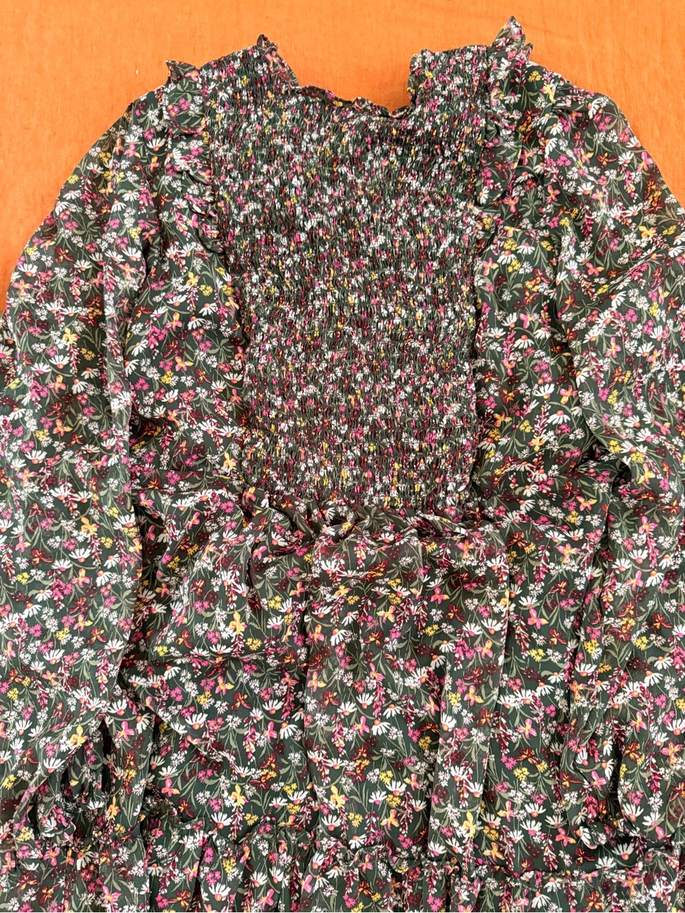 Women’s Floral Long Sleeve Ruffle Dress - Green Pink - Picture 3 of 6